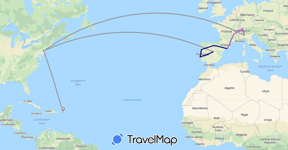 TravelMap itinerary: driving, plane, train in Switzerland, Spain, France, Italy, Portugal, United States (Europe, North America)